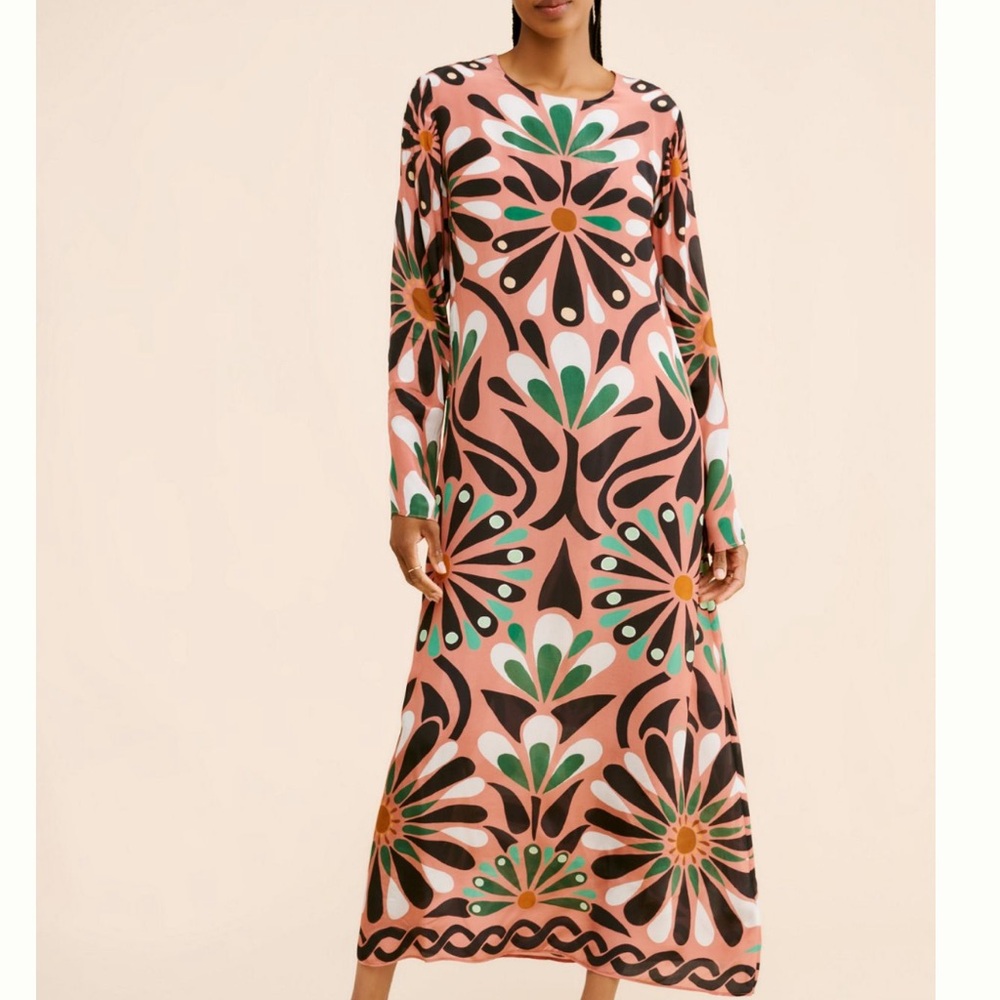 FARM Rio Pink Floral Maxi Dress with Green and Black Accents